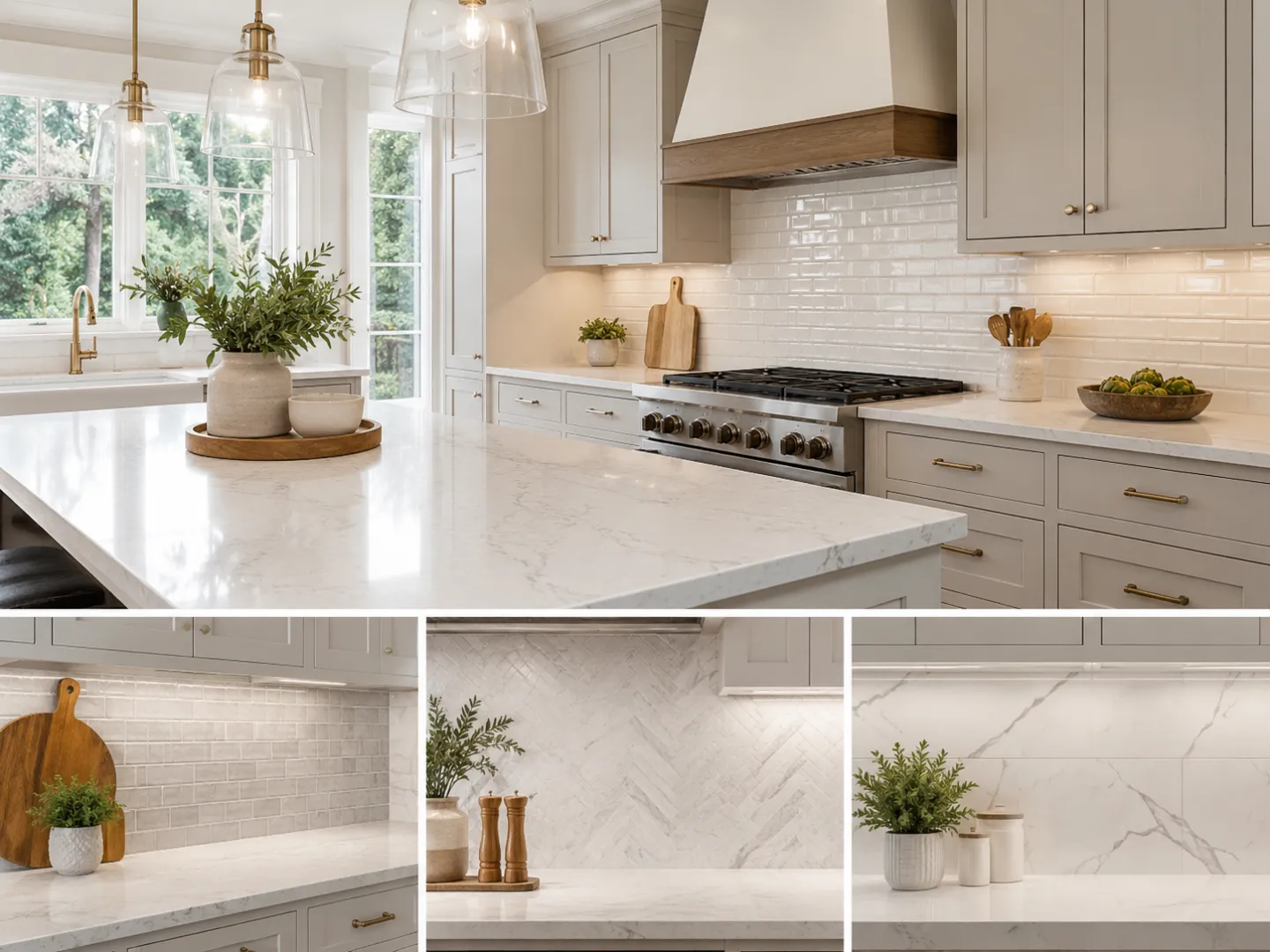 Modern Greece, NY kitchen featuring quartz countertops with subway tile, herringbone, and large-format backsplash ideas.