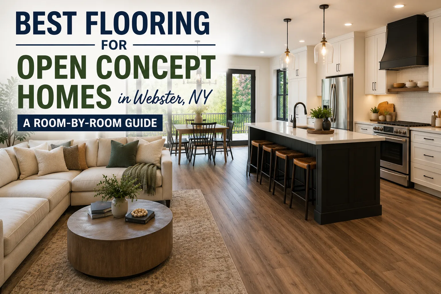 Open concept living room, dining area, and kitchen with warm wood flooring in a Webster, NY home.