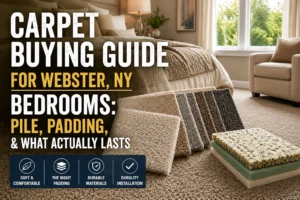 Carpet buying guide for Webster, NY bedrooms featuring carpet pile samples, padding options, and a cozy carpeted bedroom.