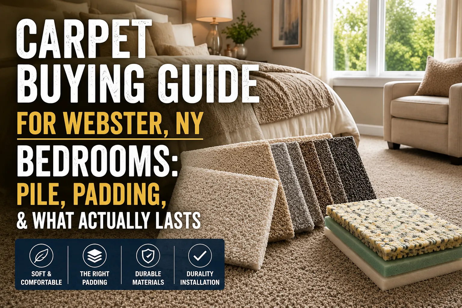 Carpet buying guide for Webster, NY bedrooms featuring carpet pile samples, padding options, and a cozy carpeted bedroom.