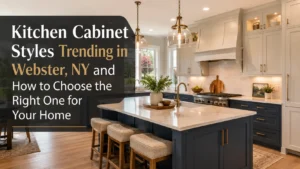 Trending kitchen cabinet styles in a modern Webster, NY kitchen with two-tone cabinets and shaker doors.
