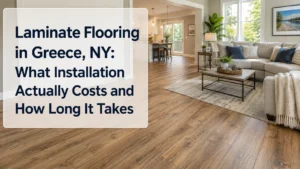 Modern living room with wood-look laminate flooring illustrating installation costs and timelines in Greece, NY.