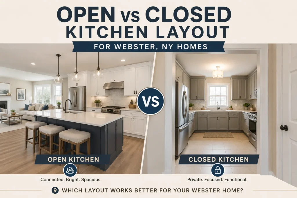 Open versus closed kitchen layout comparison for Webster, NY homes