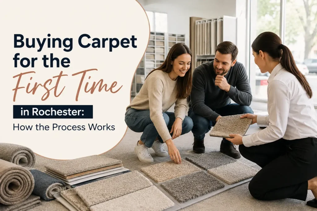 First-time carpet buyers in Rochester reviewing carpet samples with a flooring consultant.