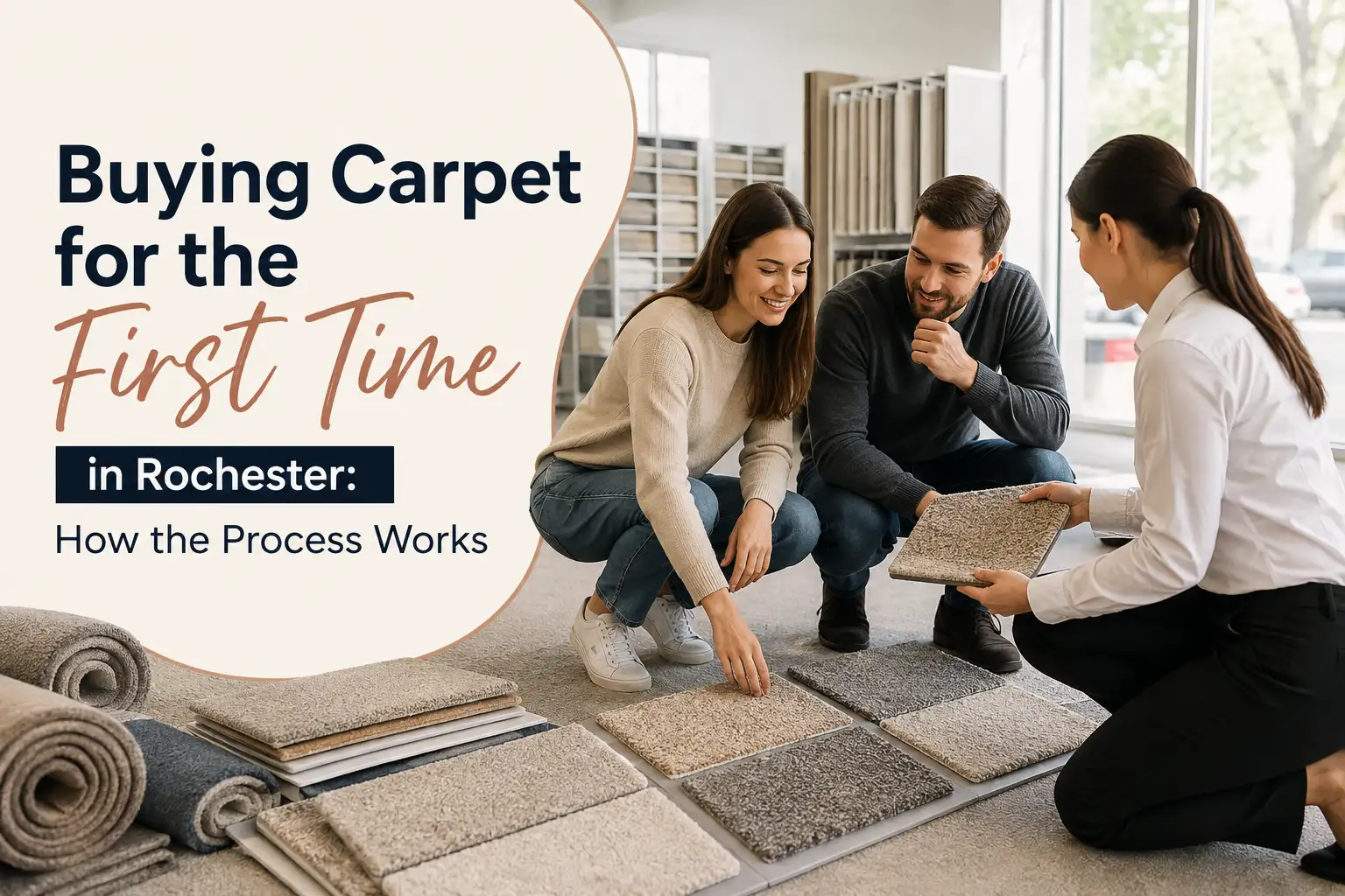 First-time carpet buyers in Rochester reviewing carpet samples with a flooring consultant.
