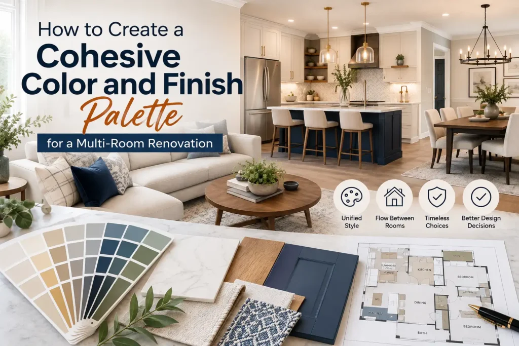 Cohesive color and finish palette for a multi-room renovation featuring coordinated flooring, cabinets, paint colors, tile, and interior finishes.
