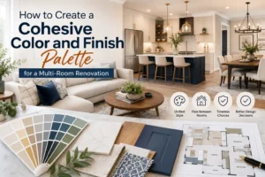 Cohesive color and finish palette for a multi-room renovation featuring coordinated flooring, cabinets, paint colors, tile, and interior finishes.