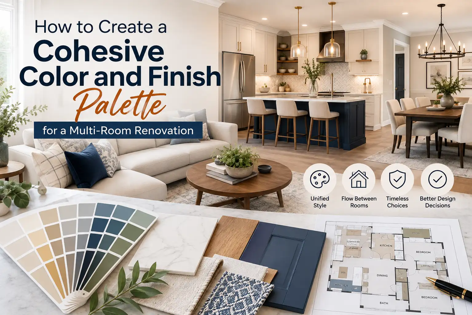 Cohesive color and finish palette for a multi-room renovation featuring coordinated flooring, cabinets, paint colors, tile, and interior finishes.