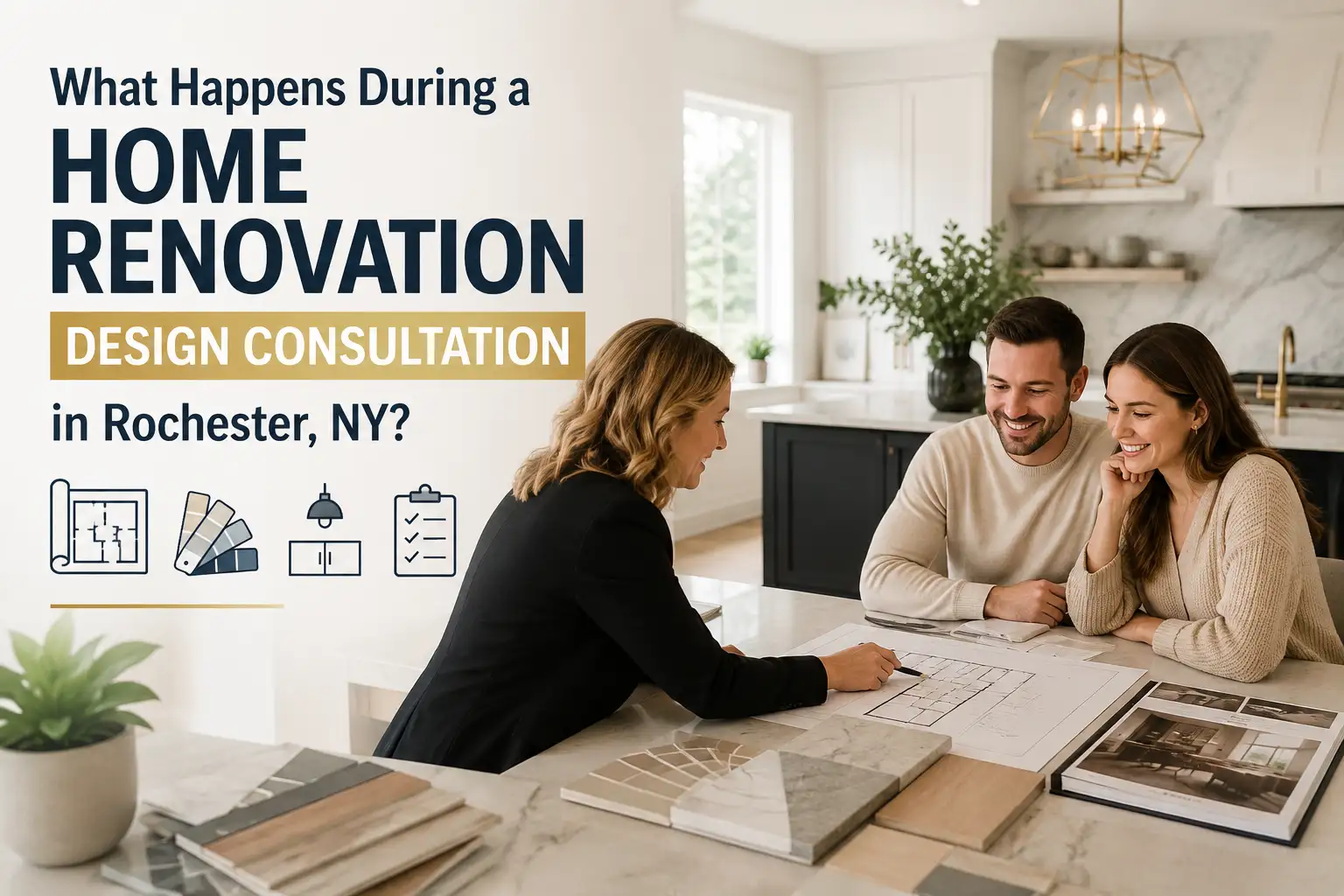 Homeowners reviewing renovation plans and material samples during a home renovation design consultation in Rochester, NY.