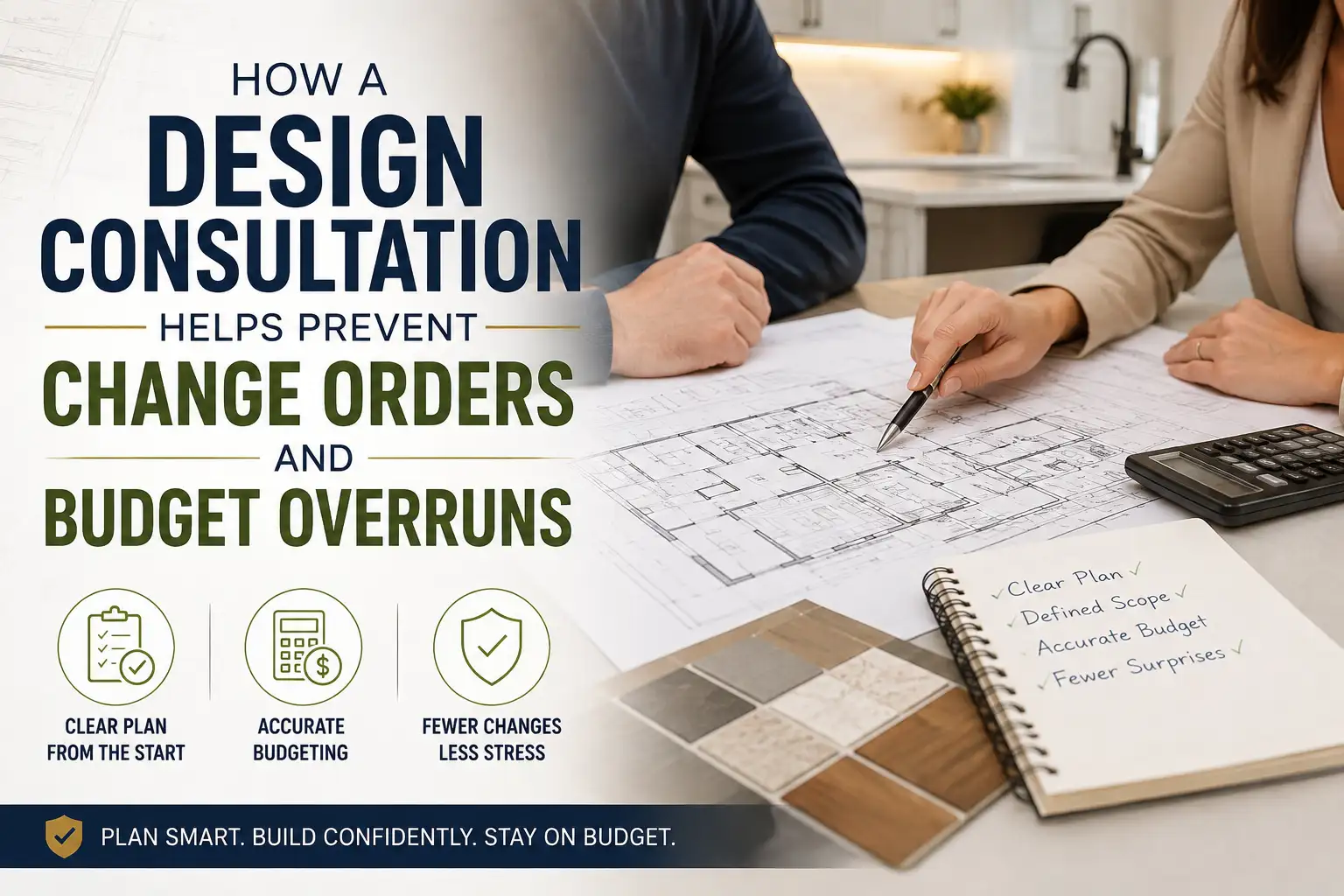Design consultation reviewing renovation plans, material samples, and budget details to prevent change orders and budget overruns.