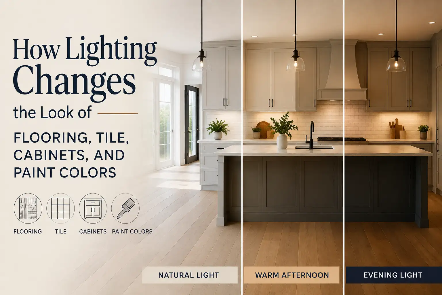 How lighting changes the appearance of flooring, tile, cabinets, and paint colors in a home interior