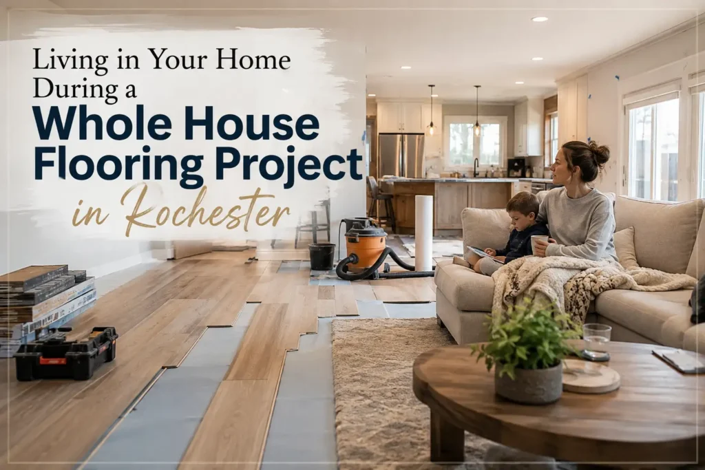 amily living at home during a whole house flooring project in Rochester with new flooring being installed.