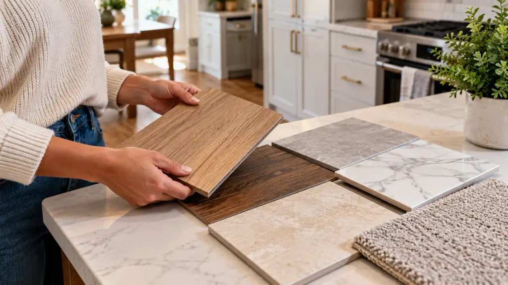Person comparing hardwood, luxury vinyl, ceramic tile, and carpet flooring samples for a kitchen renovation